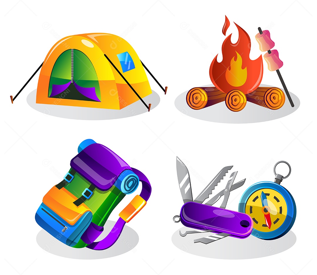 Conjunto de elementos de objeto no vetor de desenho animado de férias de acampamento