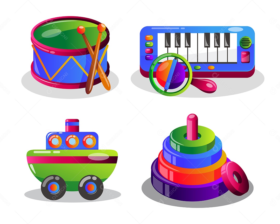 Conjunto de ícones de itens de bebê com brinquedos e acessórios para crianças em desenho animado