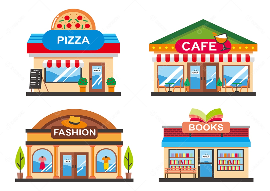 Conjunto de loja diferente em fundo branco