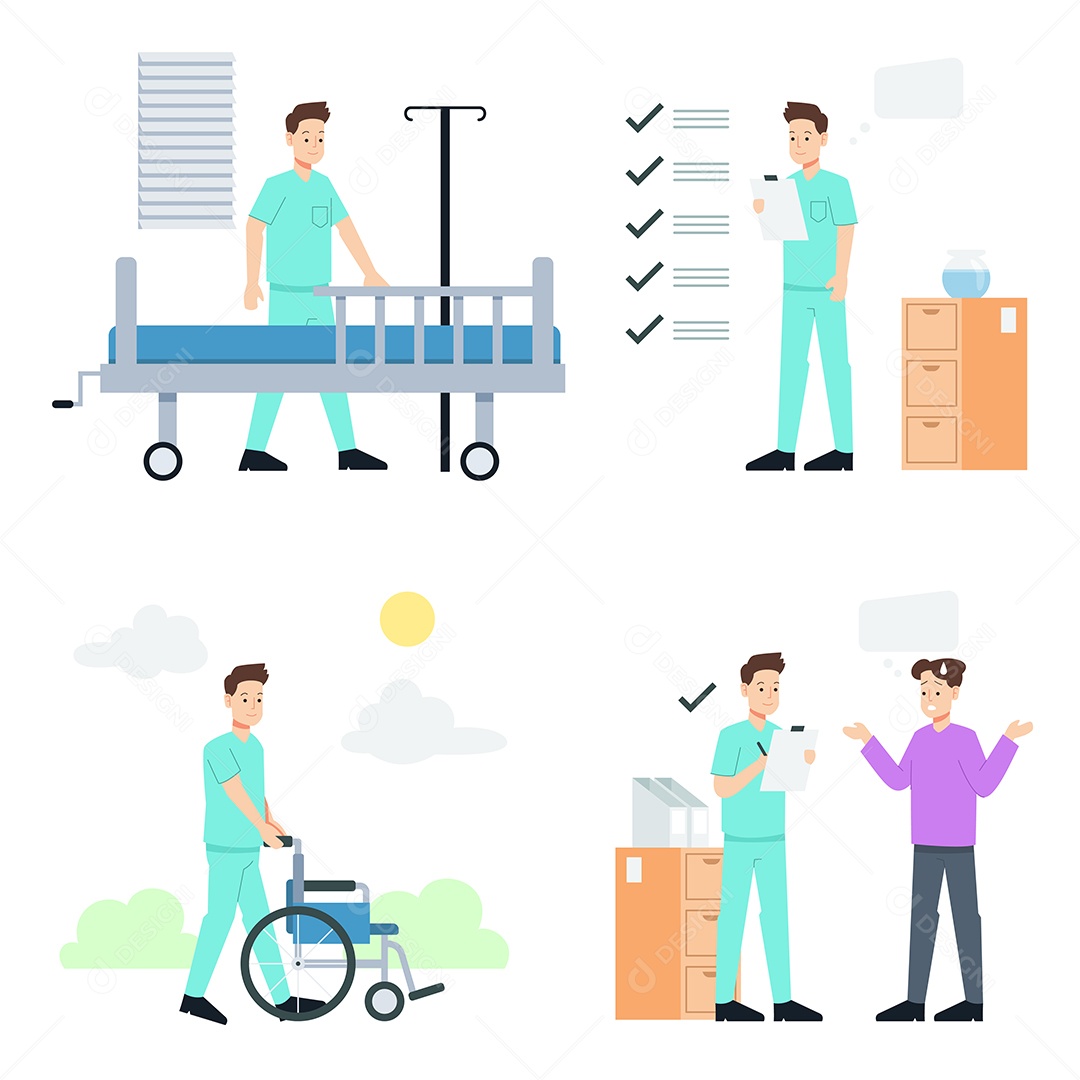 Grupo de pessoal médico trabalhando no personagem de desenho animado do hospital