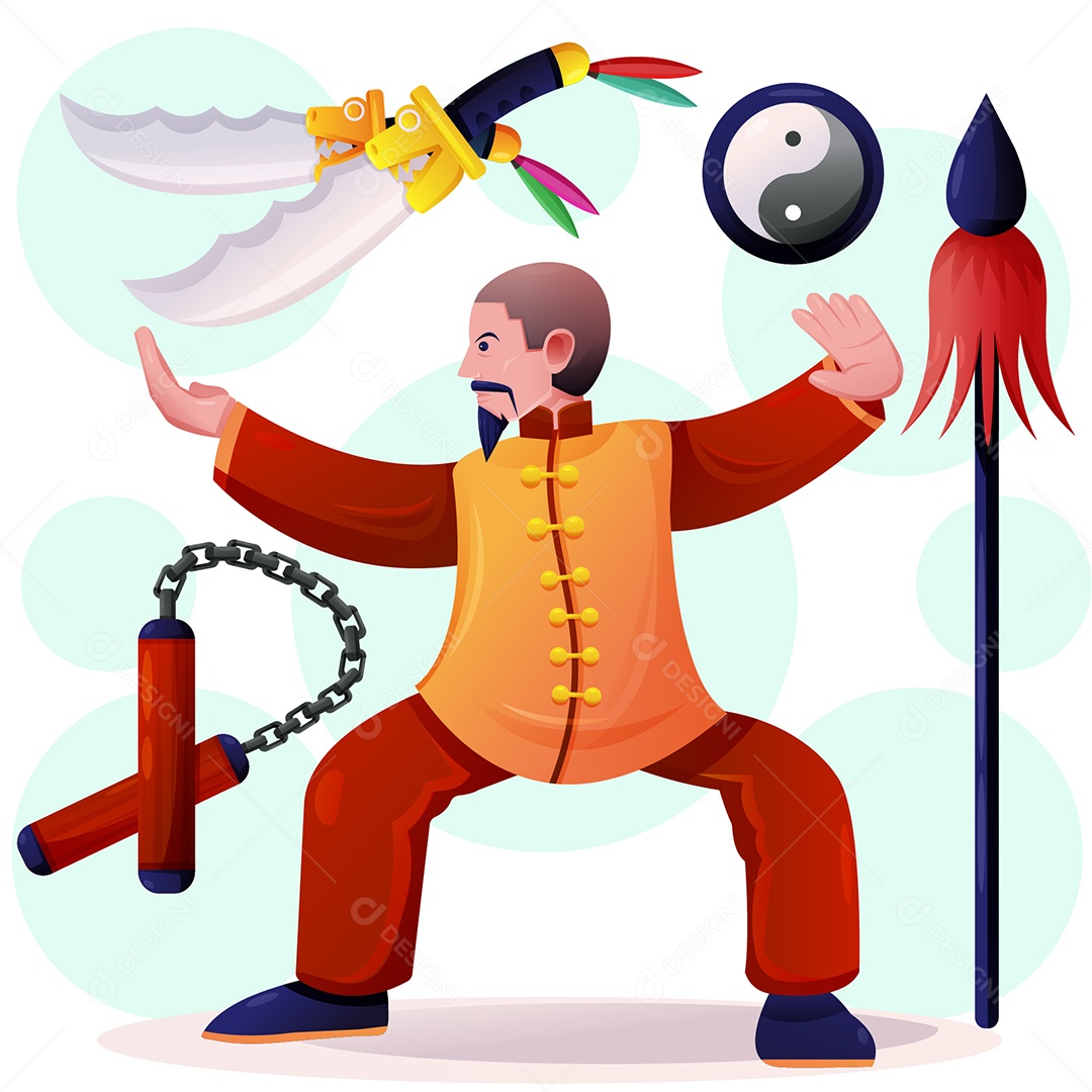 Jovem com artes marciais chinesas com arma diferente em personagem