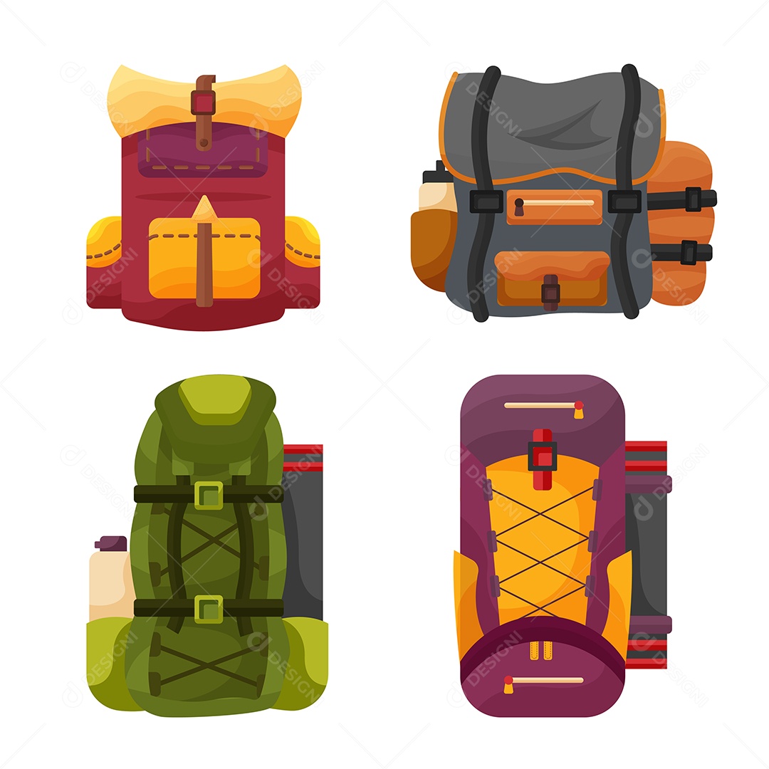 Conjunto de mochila com vários designs para desenho animado de viagem