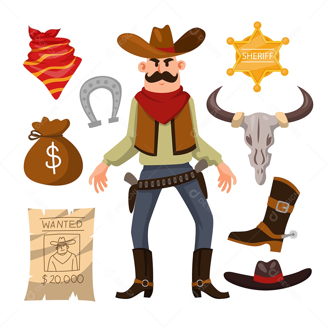 Cowboy ou xerife ocidental com acessórios em vetor de desenho animado