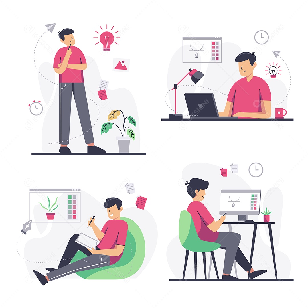 Conjunto de jovem trabalhando com computador portátil em casa