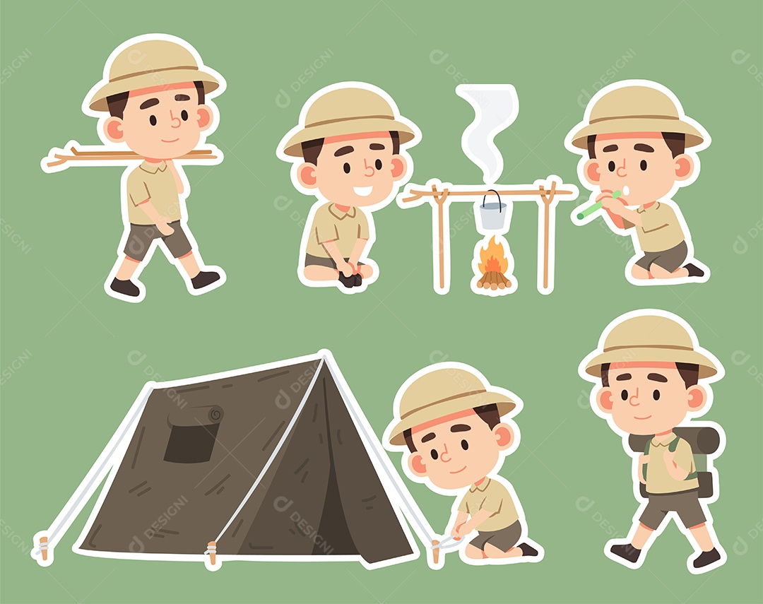 Conjunto de escoteiros com várias atividades durante o acampamento