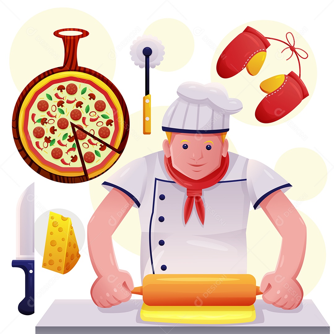 Young man in chef uniform making pizza with tools in cartoon character