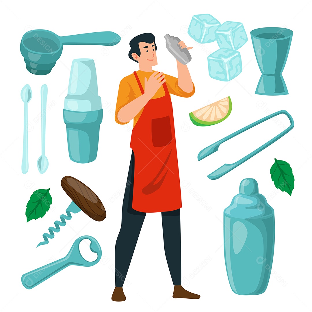 Homem jovem barman com equipamento profissional para fazer bebida