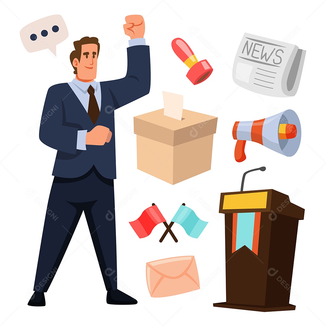 Jovem em elemento de terno e objeto para eleição de líderes nacionais, urna eleitoral