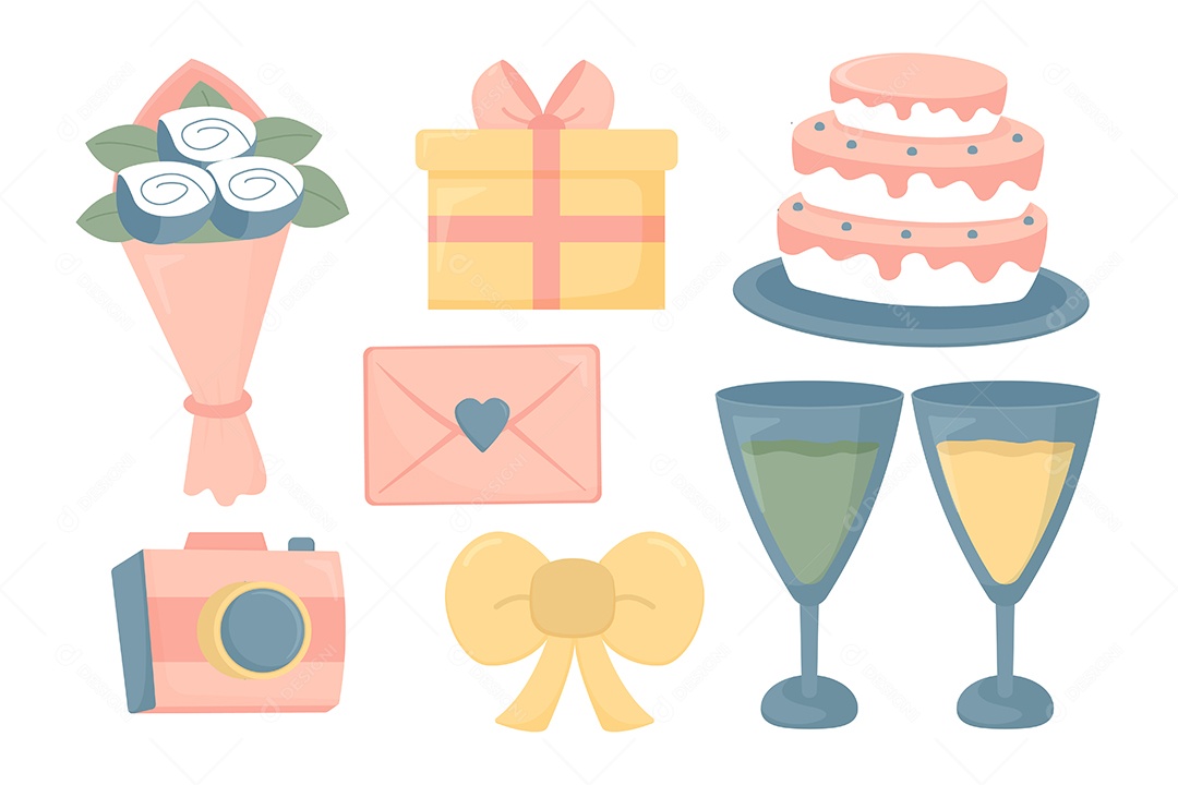 Definir vetor de acessórios de noiva no estilo de desenho animado de itens de casamento