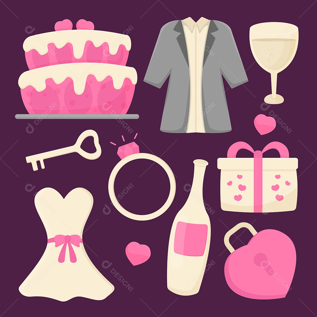 Definir vetor de acessórios de noiva no estilo de desenho animado de itens de casamento