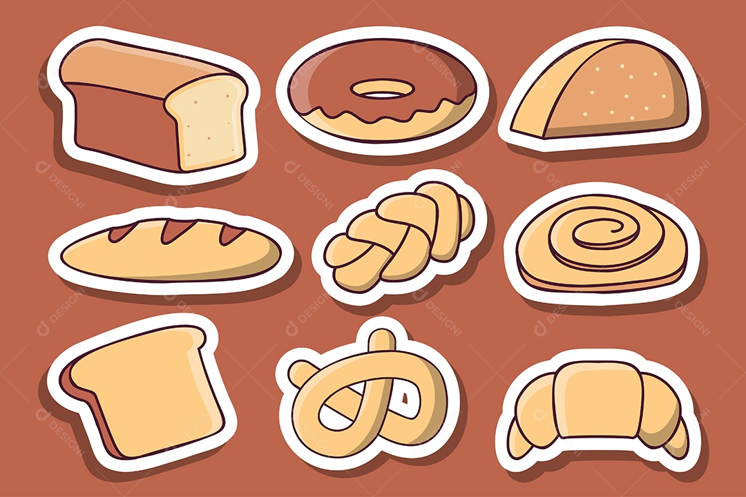 Conjunto de pães e padaria em estilo cartoon