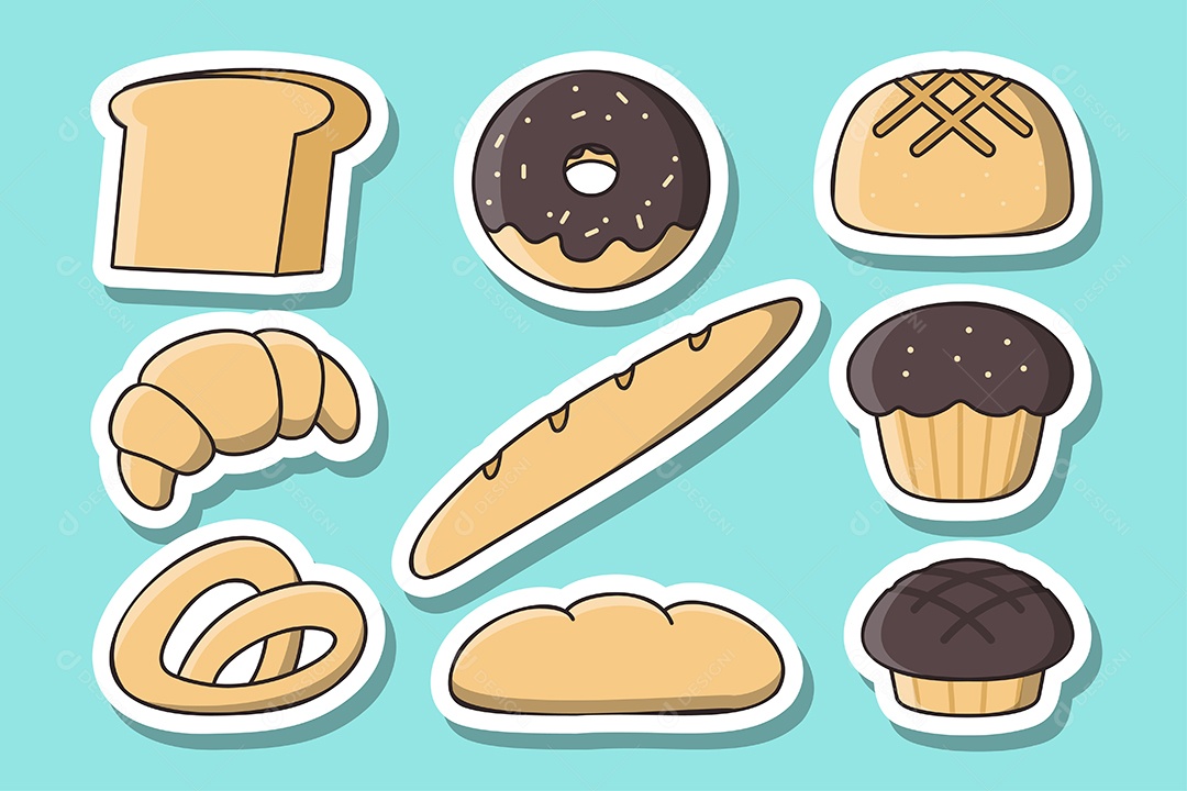 Conjunto de pães e padaria em estilo cartoon
