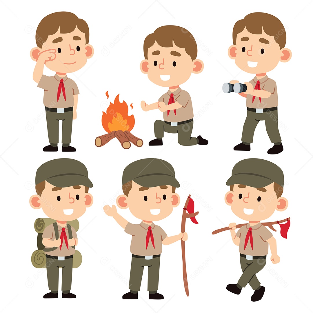 Conjunto de menino de uniforme aprendendo a sobrevivência na natureza. escoteiros