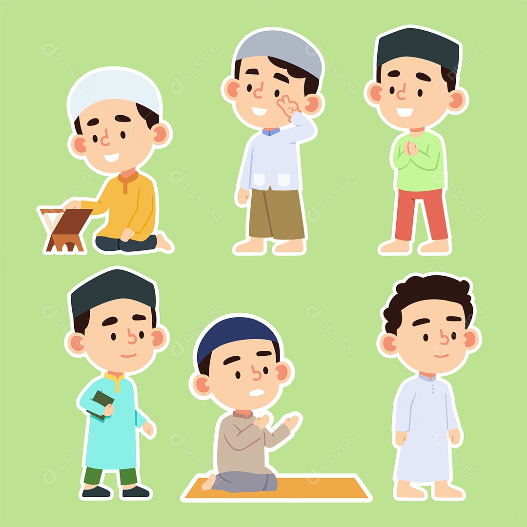 Conjunto de várias atividades de jovem muçulmano em personagem de desenho