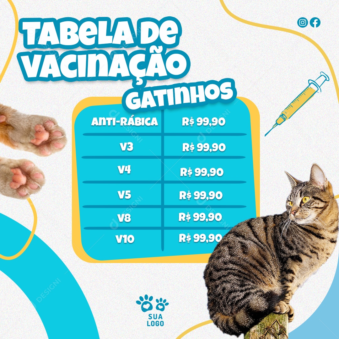 Tabela de Vacinação Gatinhos Social Media PSD Editável