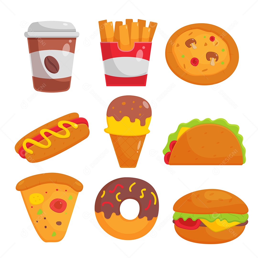 Conjunto de deliciosos fast food ou junk food, batatas fritas, rosquinhas, frango frito, hambúrgueres