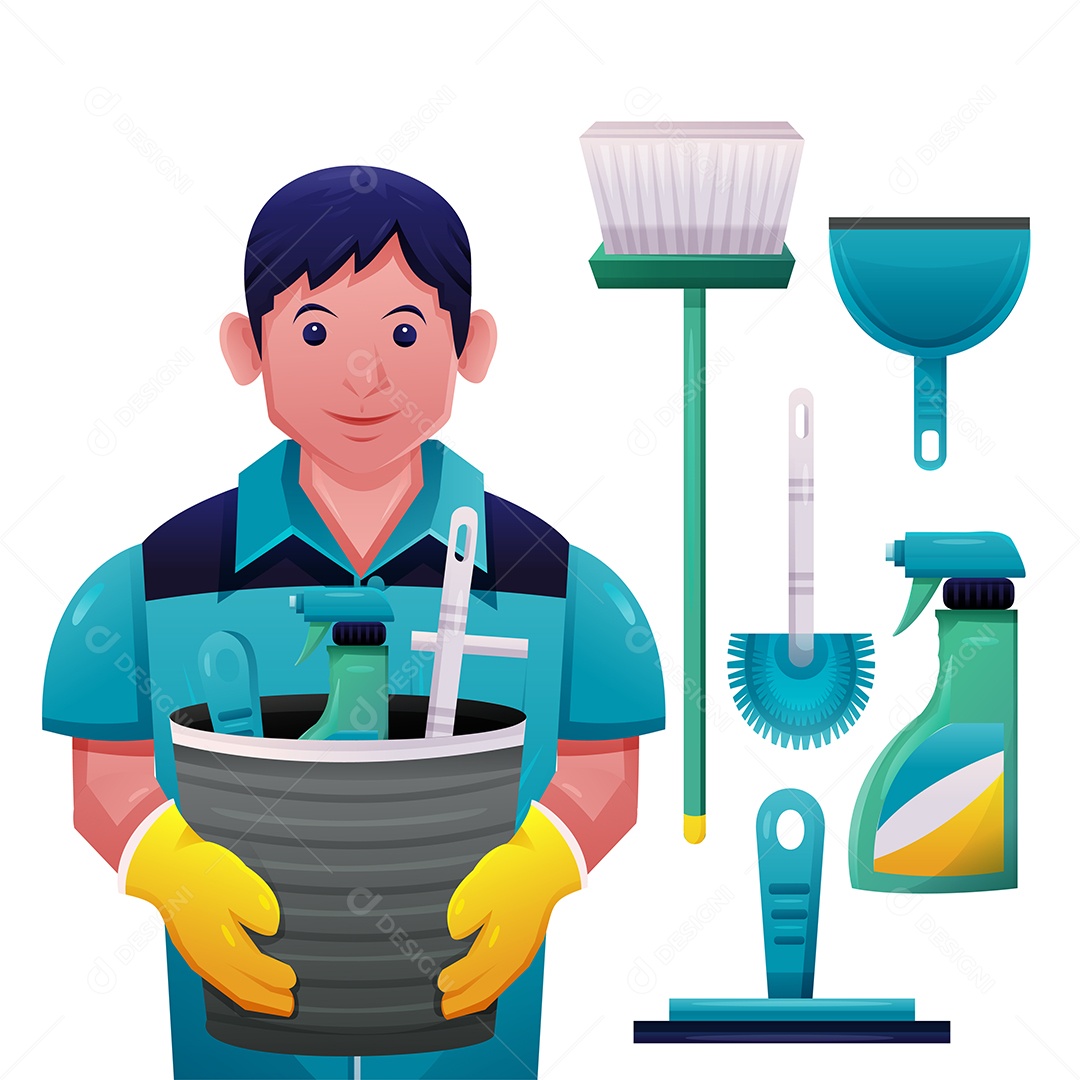 Pessoal jovem dona de casa e carrinho profissional de equipamento de limpeza