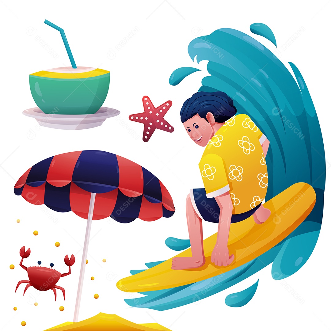 Jovem surfando na onda do mar e elemento de objeto em férias de verão