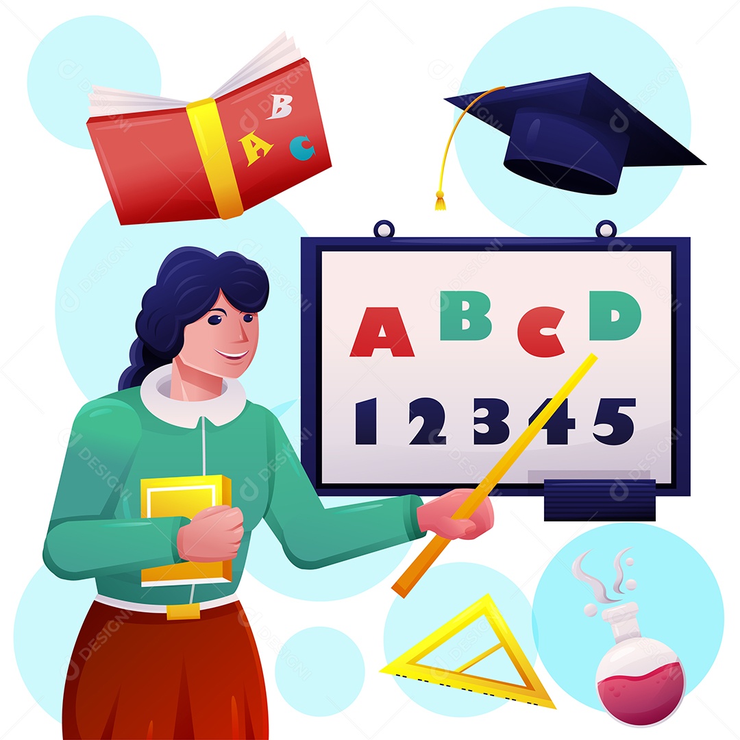 Jovem professor feminino e elemento de objeto sobre desenhos animados de educação