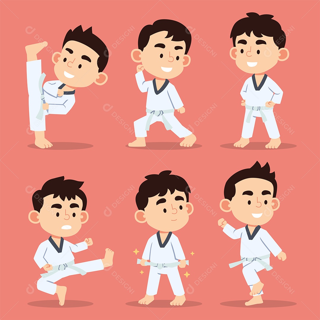 Conjunto de lindo menino com artes marciais em poses diferentes