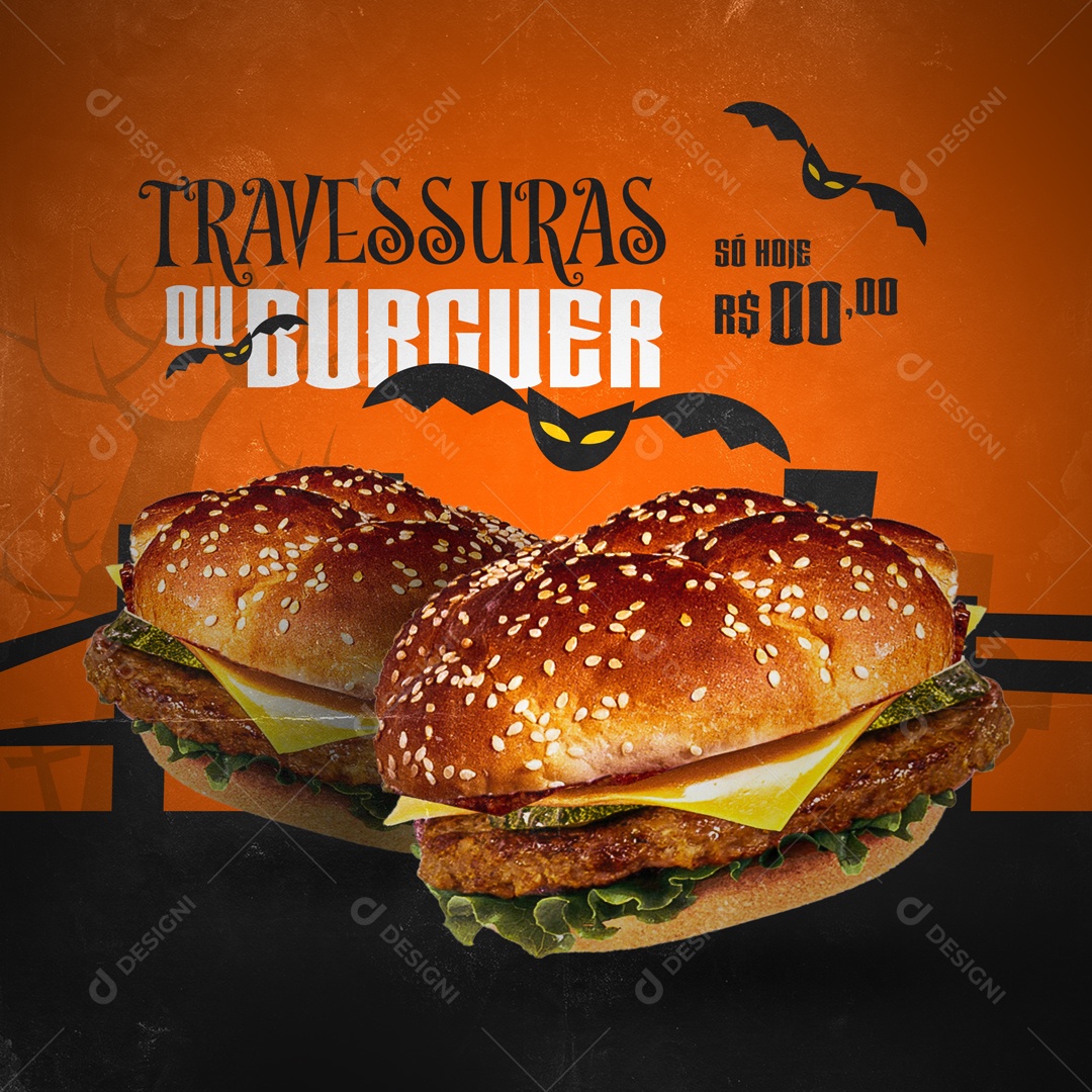 Travessuras do Burguer Hamburgueria Halloween Social Media  PSD Editável