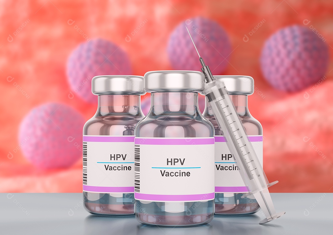 Frasco de vacina contra o vírus do papiloma humano HPV com seringa. ilustração 3D