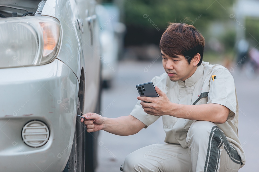 Homem jovem mecânico arrumado carro automóvel