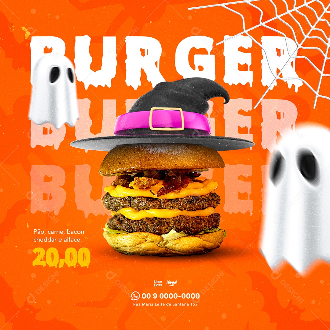 Burger Pão Carne Bacon Cheddar e Alface Hamburgueria Halloween Social Media PSD Editável