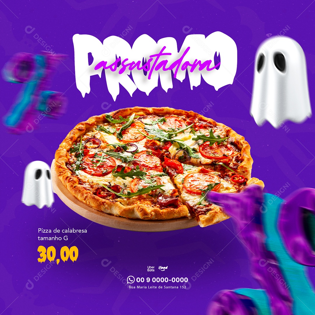 Promo Assustadora Pizza de Calabresa Halloween Pizzaria Social Media PSD Editável