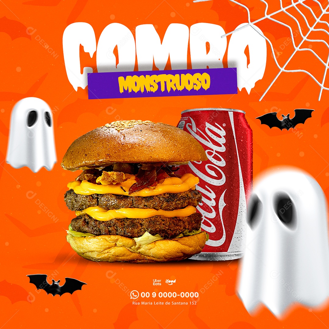 Combo Monstruoso Hambúrguer e Refrigerante Halloween Social Media PSD Editável