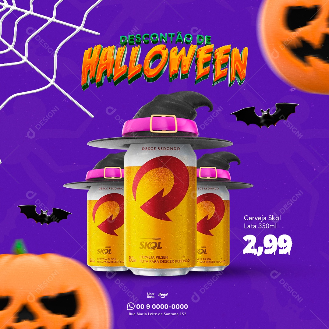 Descontão de Halloween Cerveja Skol Lata 250 ml 2,99 Social Media PSD Editável