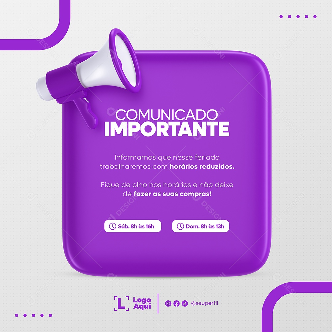 Comunicado Importante Horários Reduzidos Roxo e Branco Social Media PSD Editável