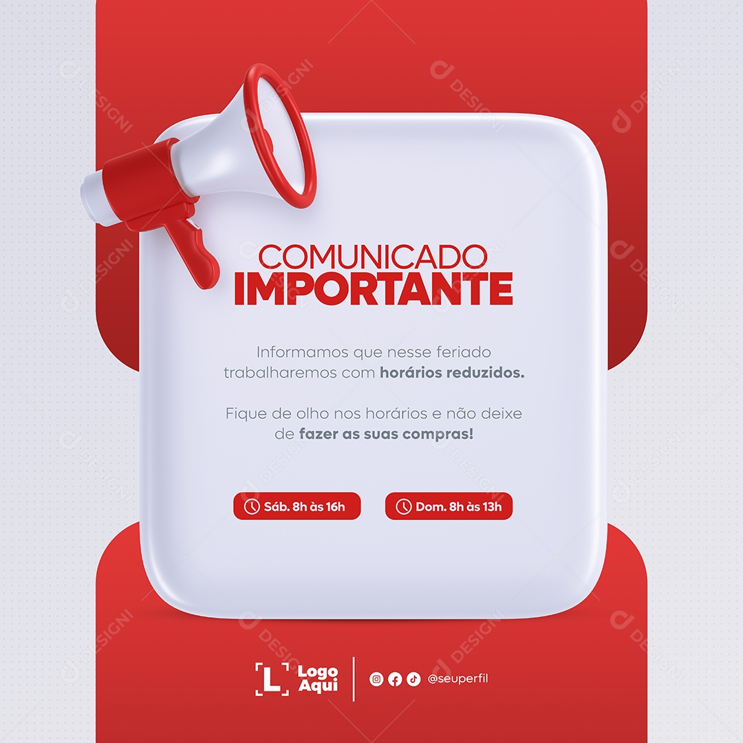 Comunicado Importante Horários Reduzidos Vermelho e Branco Social Media PSD Editável