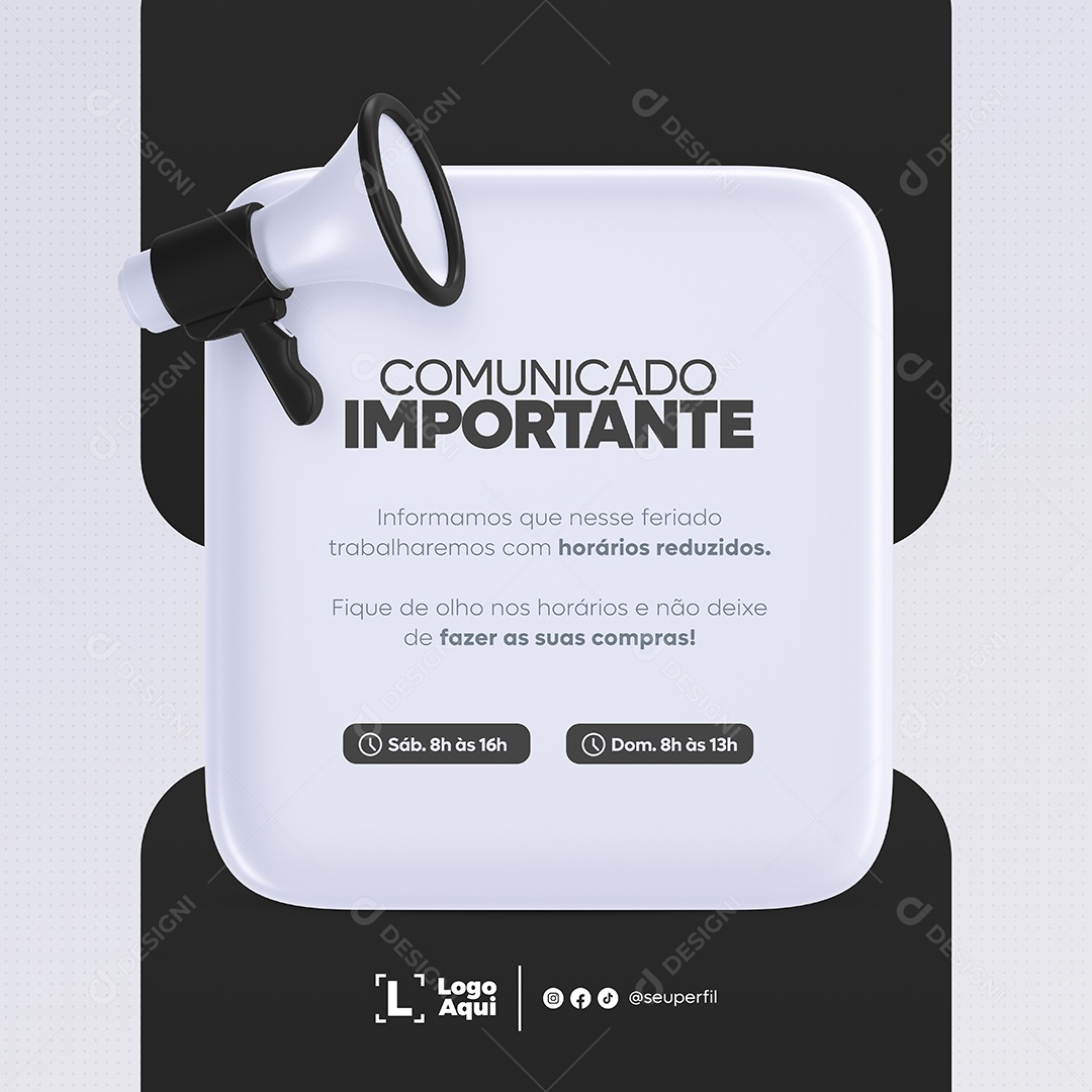 Comunicado Importante Horários Reduzidos Preto e Branco Social Media PSD Editável