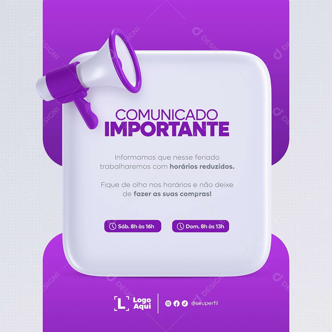 Comunicado Importante Horários Reduzidos Roxo e Branco Social Media PSD Editável