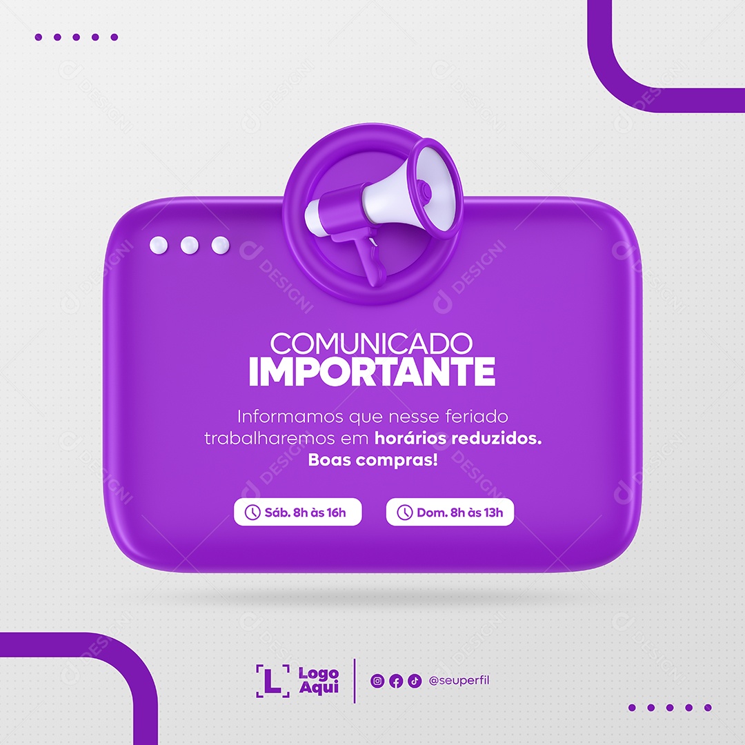 Comunicado Importante Horários Reduzidos Roxo Social Media PSD Editável