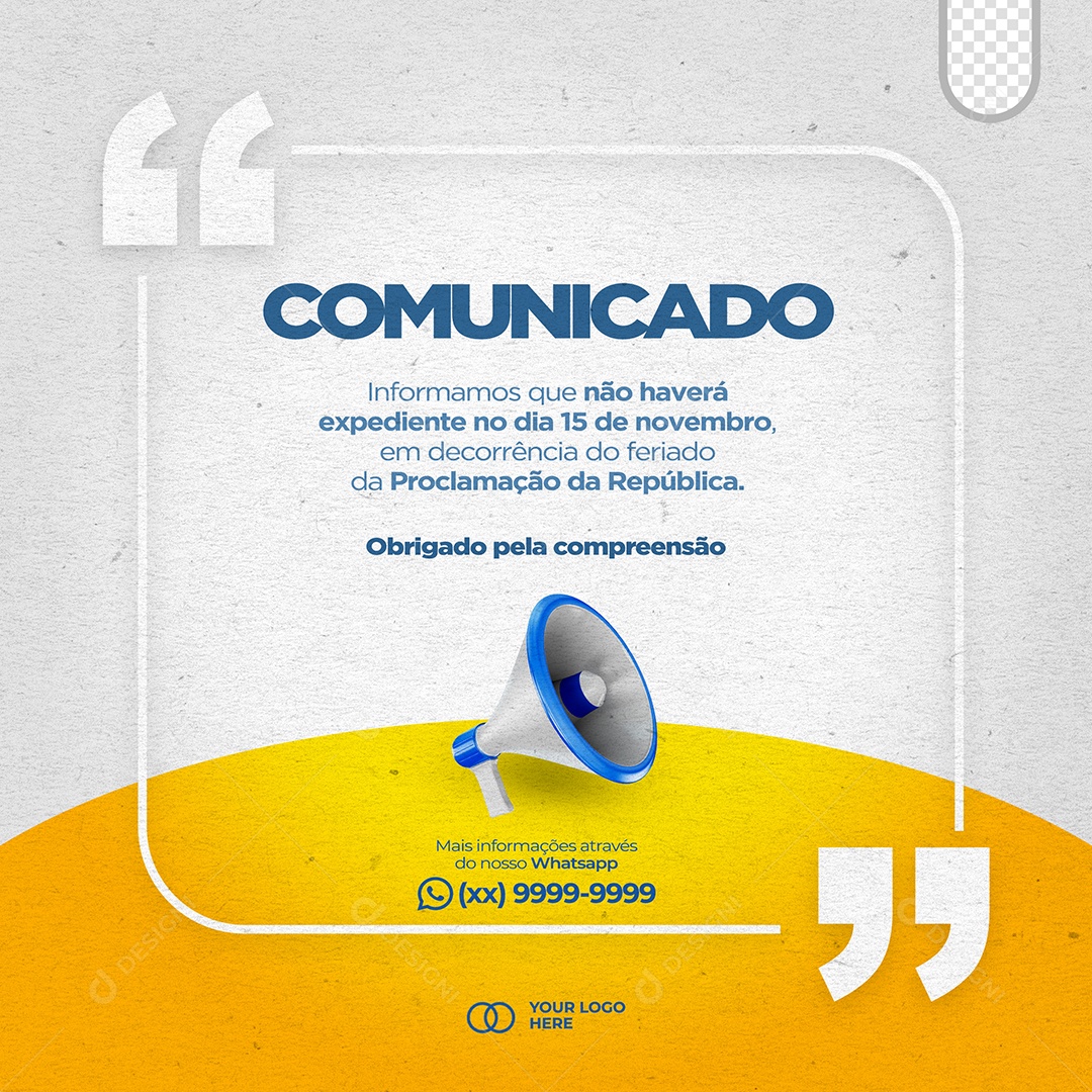 Comunicado Chegou a Nossa Hora de Torcer Estaremos Fechados Social Media PSD Editável