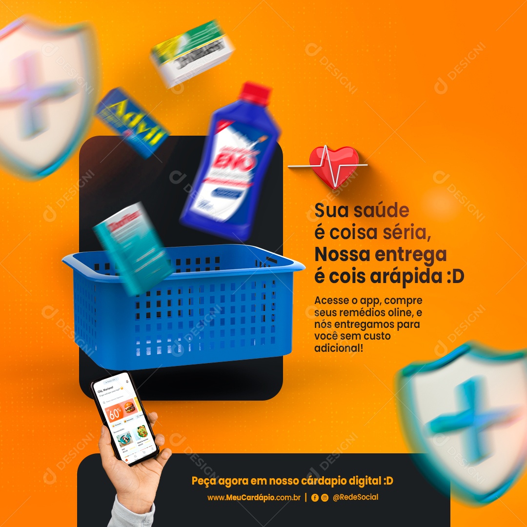 Sua Saúde é Coisa Séria Nossa Entrega Supermercado Delivery Social Media PSD Editável