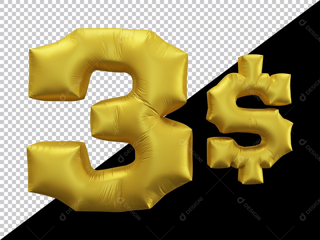 Elemento 3D Para Composição Número 3 $ Dourado PSD