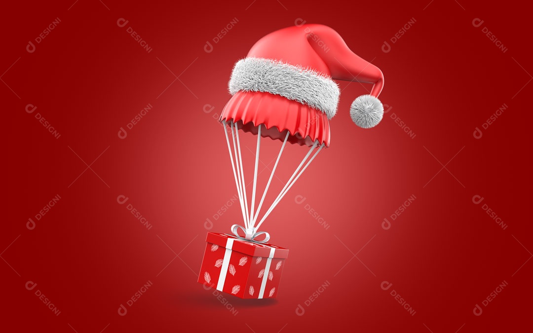 Elemento 3D Caixa de Presente Vermelha Com Gorro de Paraquedas PSD
