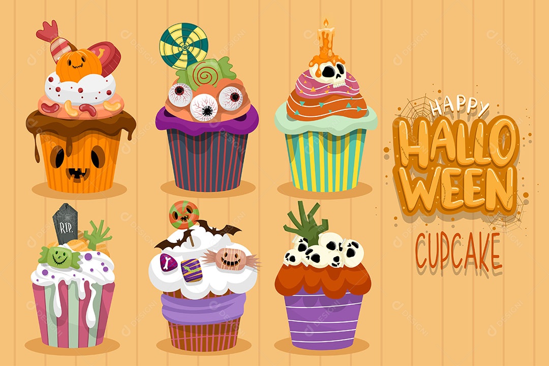 Ilustração Halloween doçura ou travessura Cartaz para convite com cupcakes doces abóbora,