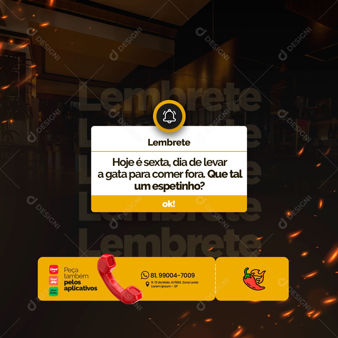 Lembrete Churrascaria Restaurante Espetinho Social Media PSD Editável