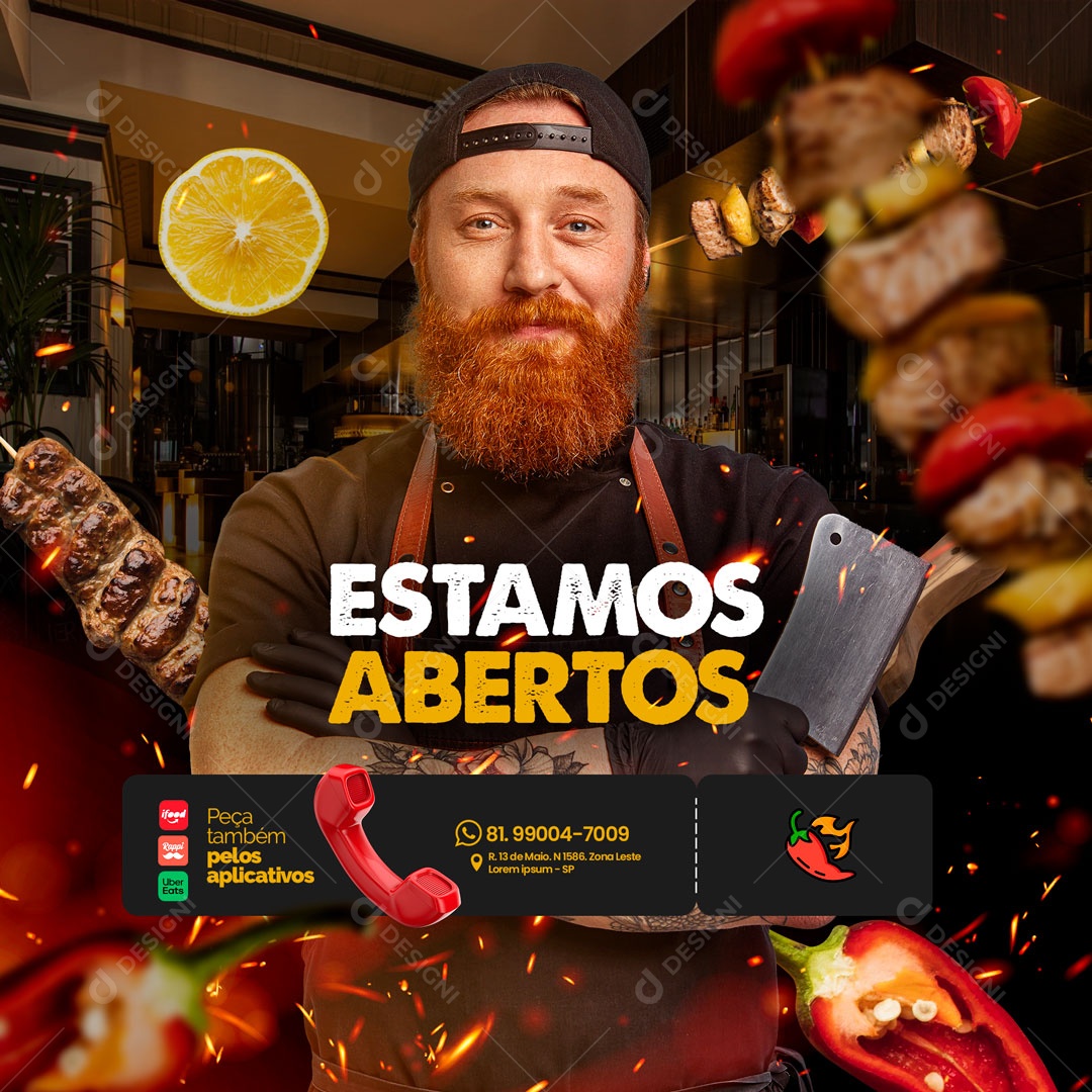 Churrascaria Restaurante Estamos Abertos Social Media PSD Editável