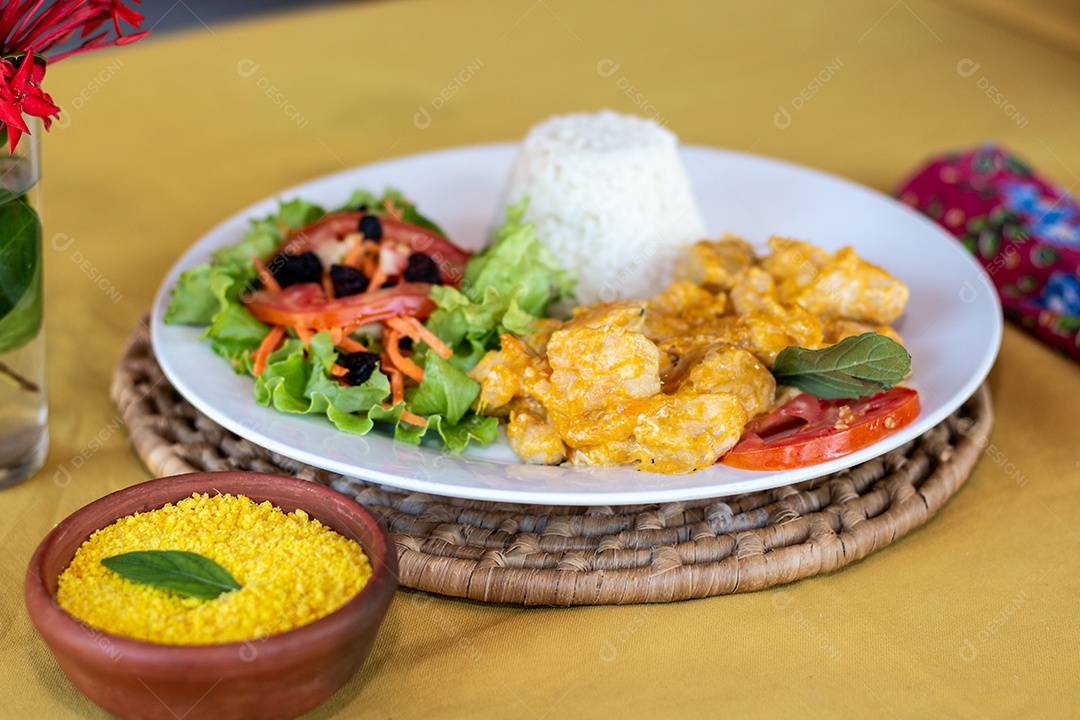 Prato de comida arroz estrogonofe salada