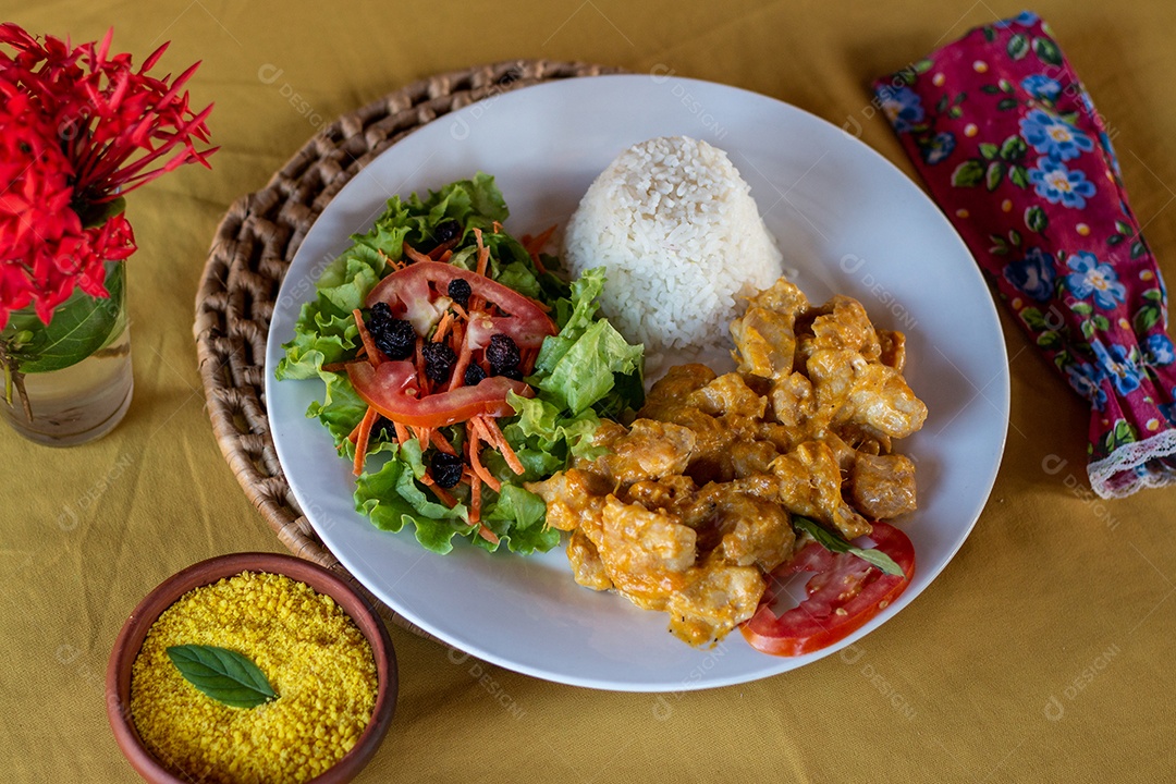 Prato de comida arroz estrogonofe salada