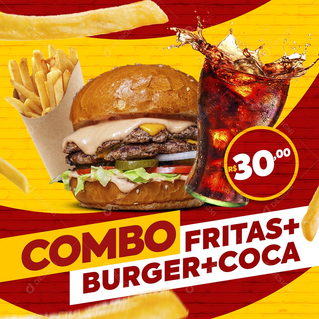 Combo Fritas + Burguer + Coca Peça já o Seu Social Media PSD Editável