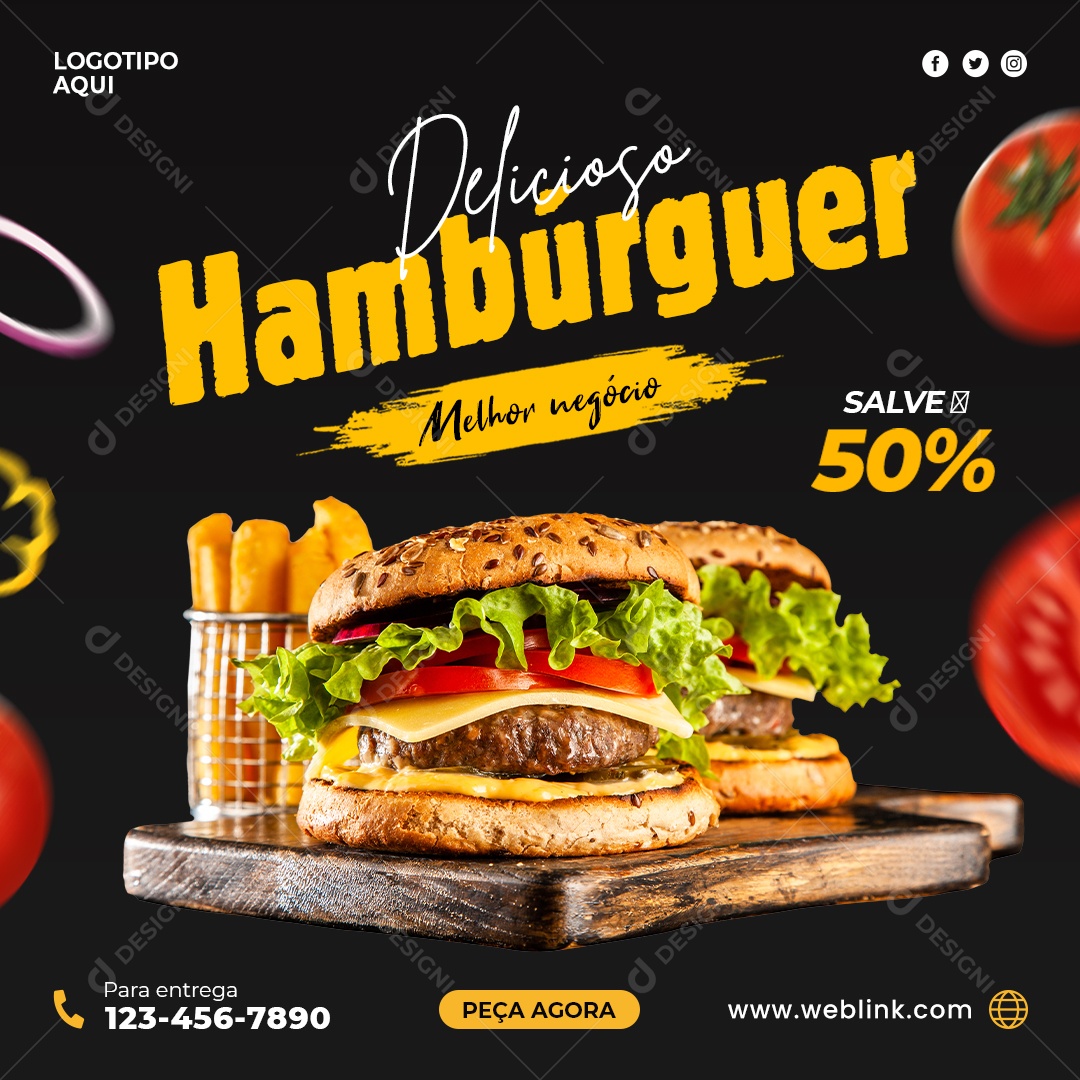 Social Media Hambúrgueria Delicioso Hambúrguer PSD Editável