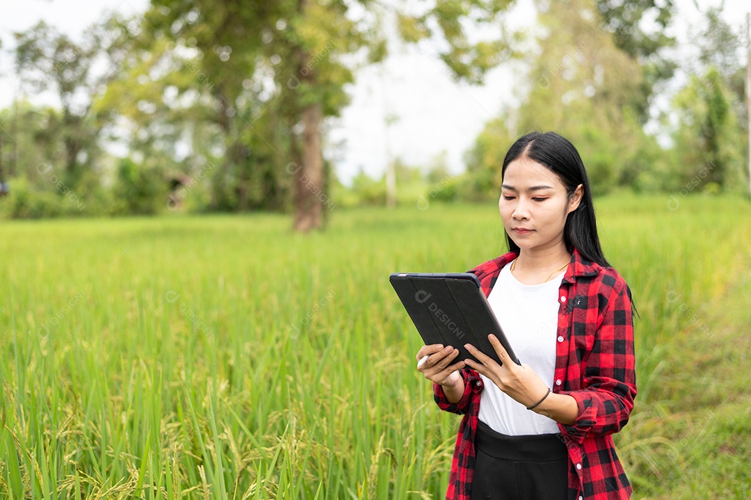 Mulher agricultora segurando um tablet e fazendo analise das plantações