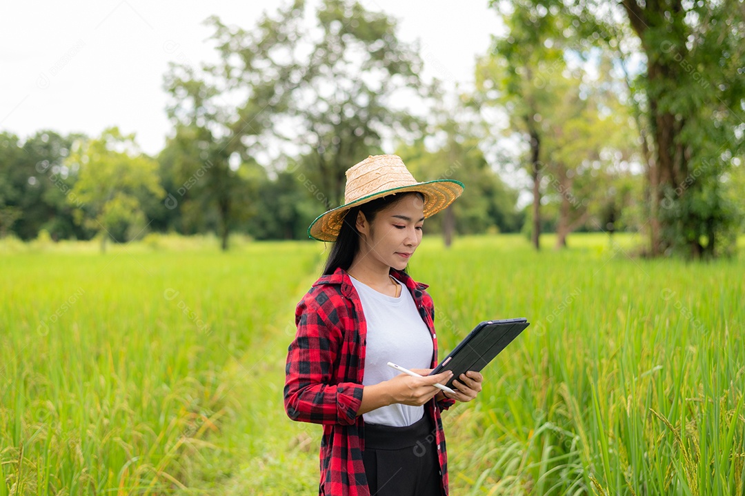 Farmer woman holding a tablet and analyzing crops