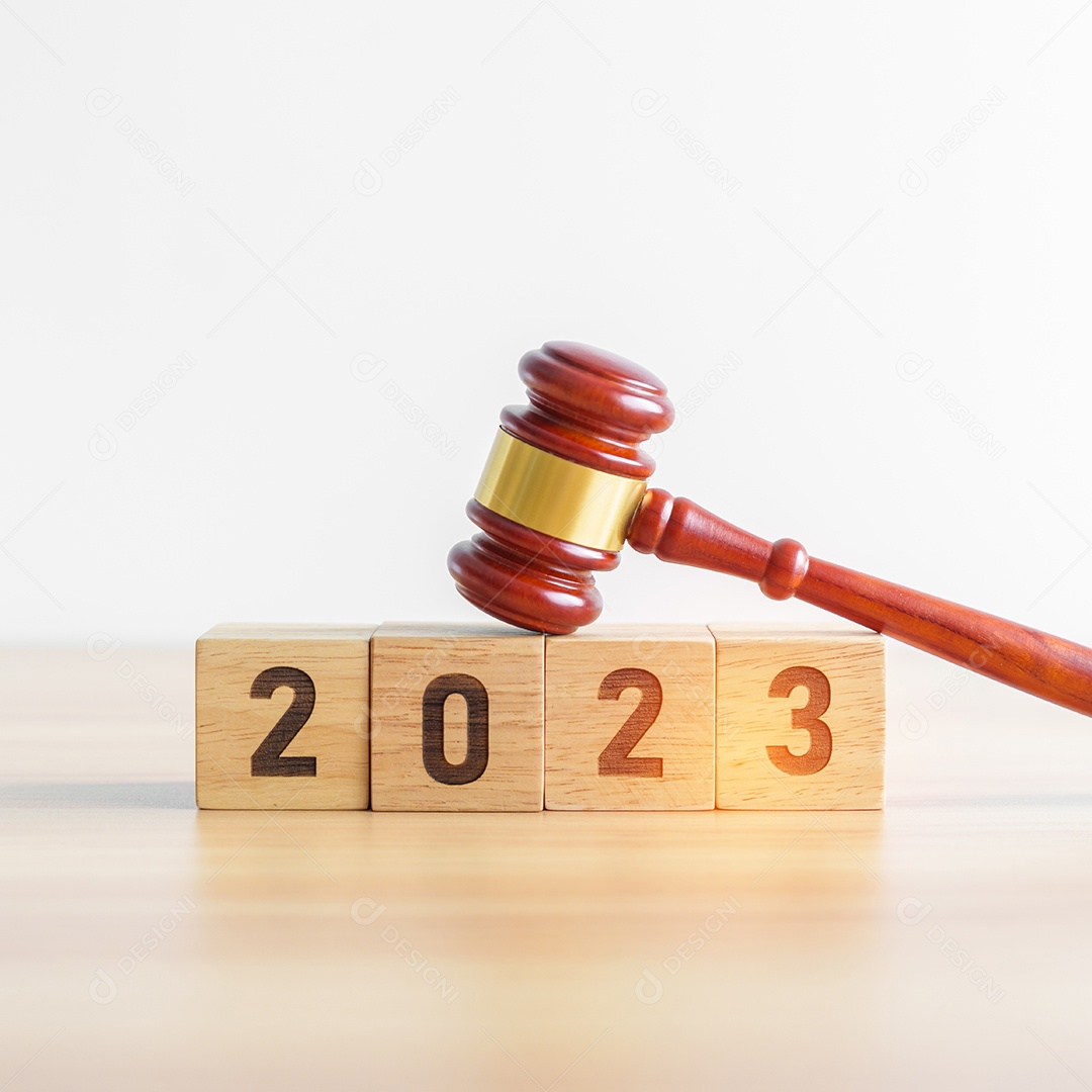 Block of 2023 with gavel on table. Law, Lawyer, Judgment